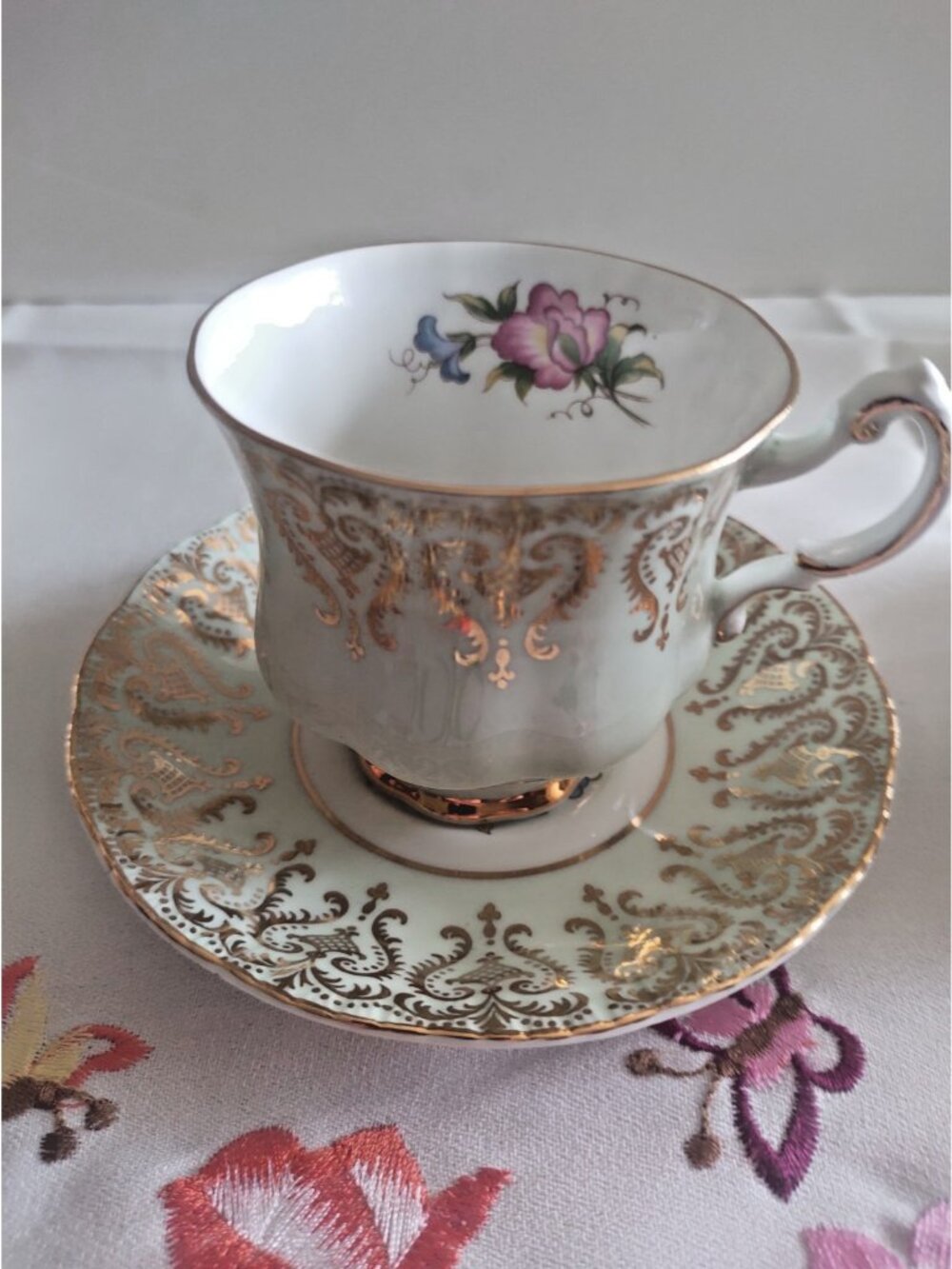 Two Vintage Paragon Tea Cups & Saucer Gold Filigree with Florals (Blue & Yellow)